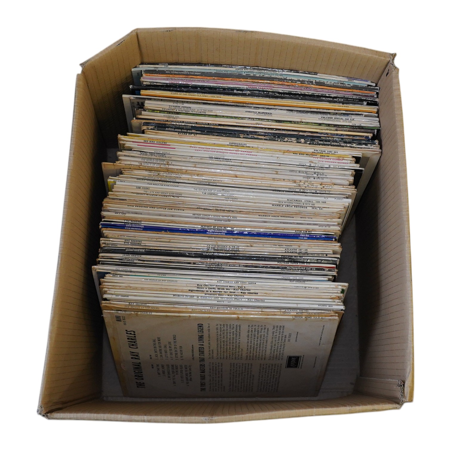 A hundred and two LP record albums, artists include; Ray Charles, James Brown, Otis Redding, Sam Cooke, Wilson Pickett, Amen Corner, Derek and the Domino, the Herd, Neil Young, etc. Condition - fair.